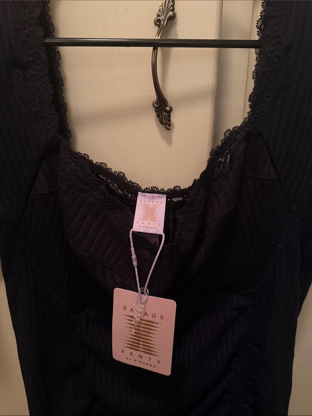 Savage X Fenty Black Ribbed Lace-Trim Camisole